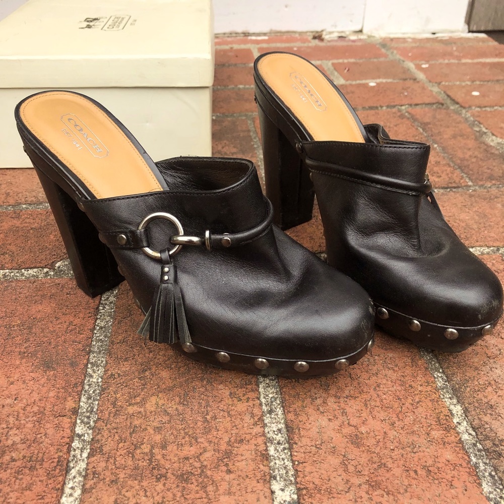 COACH size 10 Black Leather High Heel Clogs